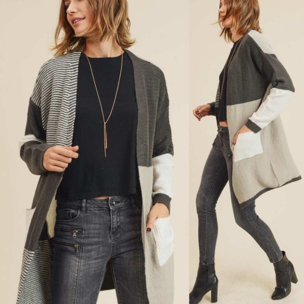 EUC Color Block Patch Work Long Grey Open Cardigan